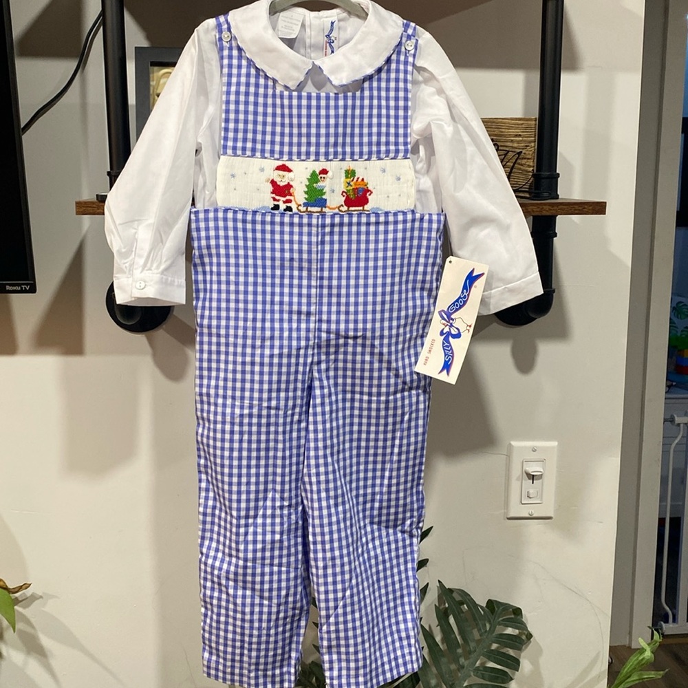 Silly Goose XMas Time Smocked Royal check boys long sleeve